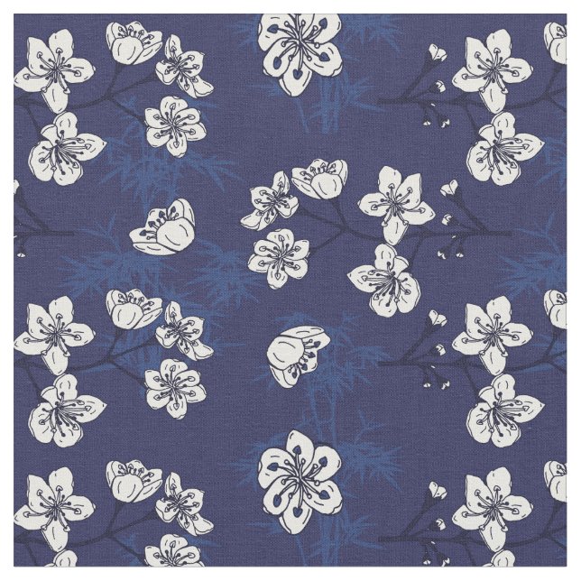 Hamptons Blue Floral Botanical Patterned Fabric (Close Up)