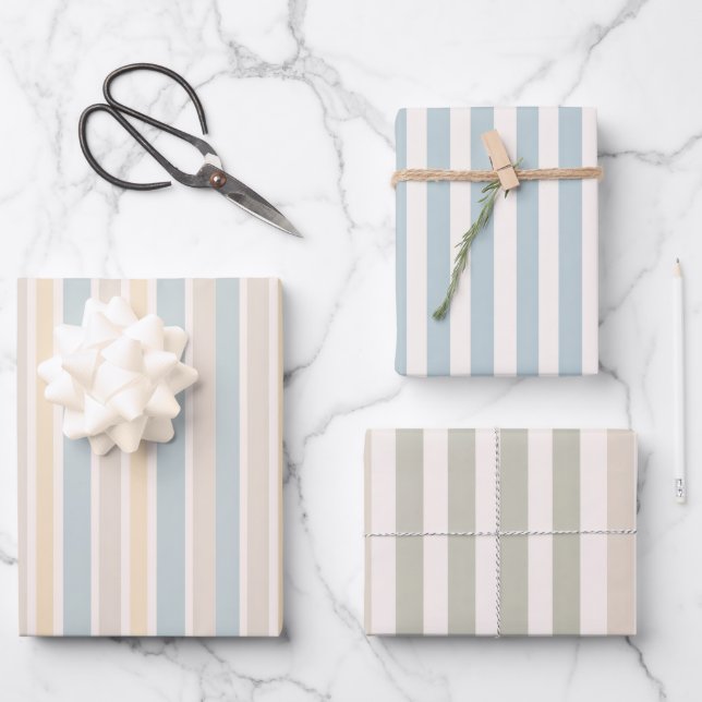 Hamptons Duck Egg Blue & Sage Stripes Wrapping Paper Sheet (Front)