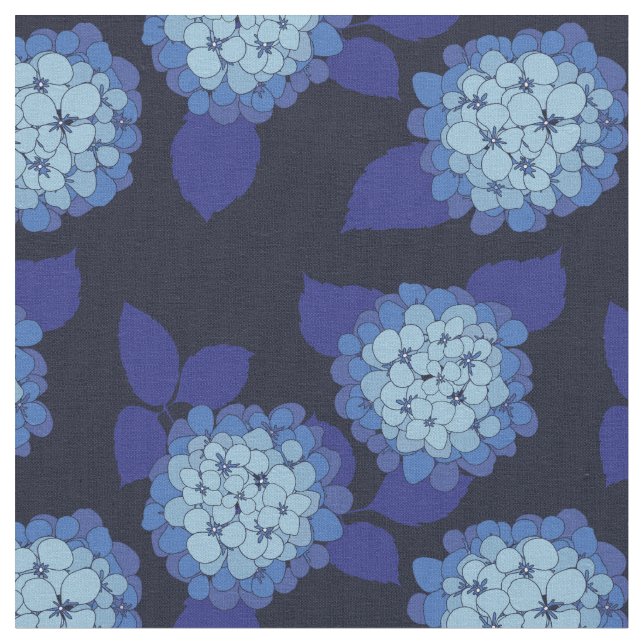 Hamptons Navy Blue Hydrangeas Floral Pattern Fabric (Close Up)