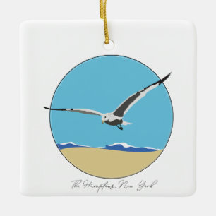 Hamptons, New York Sea Gull over Beach Ceramic Ornament