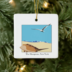 Hamptons, NY Horseshoe Crab Sea Gull Beach Ceramic Ornament