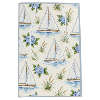 Hamptons Sailboat Blue Hydrangea Coastal Medium Gift Bag