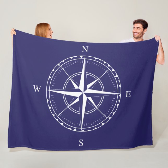 Hamptons Style Classic Blue White Ships Compass Fleece Blanket (In Situ)