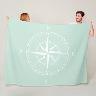 Hamptons Style Duck Egg Blue White Ship Compass Fleece Blanket