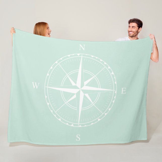 Hamptons Style Duck Egg Blue White Ship Compass Fleece Blanket (In Situ)