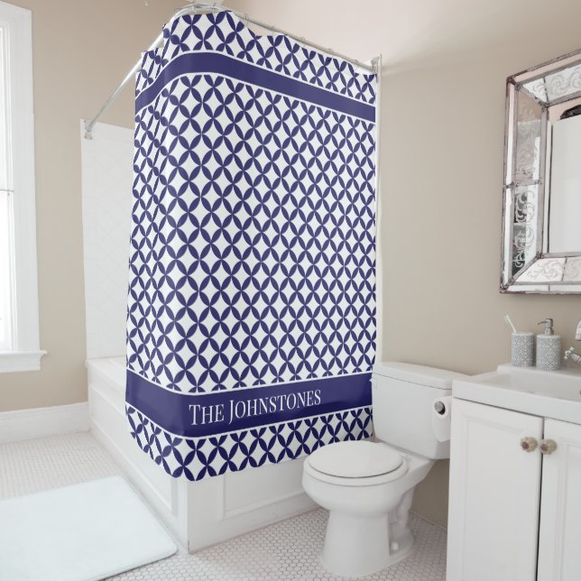 Hamptons Style Montauk Geometric Blue and White Shower Curtain (In Situ)