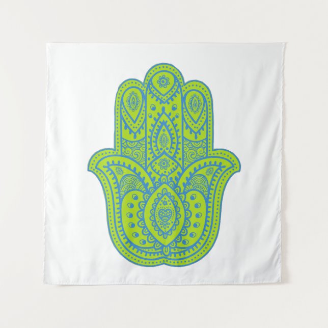 Hamsa Design Green & White Backdrop Tapestry (Front)