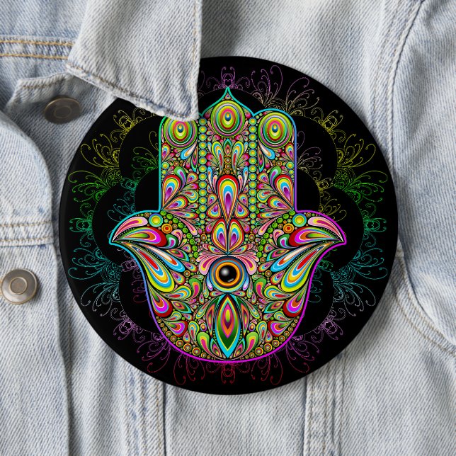Hamsa Fatma Hand Psychedelic Art 6 Cm Round Badge (In Situ)