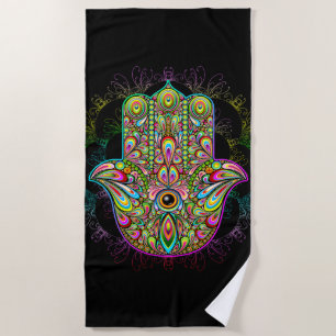 Hamsa Fatma Hand Psychedelic Art Beach Towel