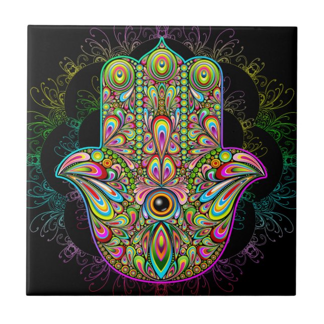 Hamsa Fatma Hand Psychedelic Art Ceramic Tile (Front)
