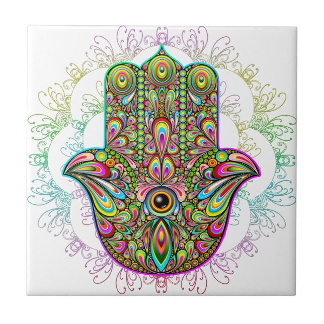 Hamsa Fatma Hand Psychedelic Art Ceramic Tile (Front)
