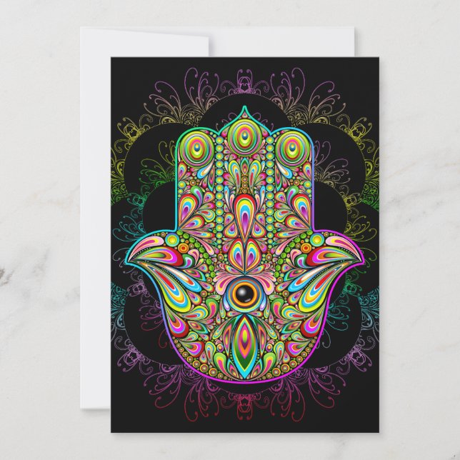 Hamsa Fatma Hand Psychedelic Art Holiday Card (Front)