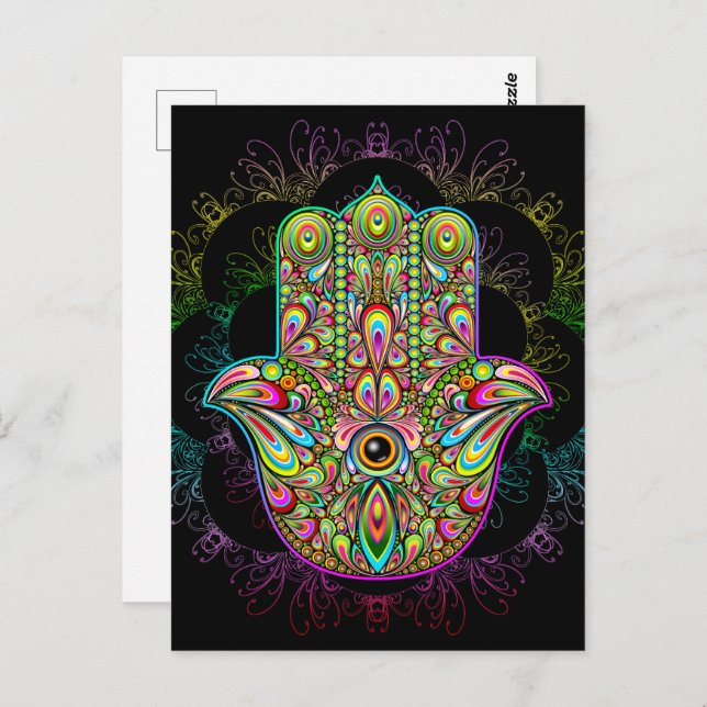 Hamsa Fatma Hand Psychedelic Art Postcard (Front/Back)