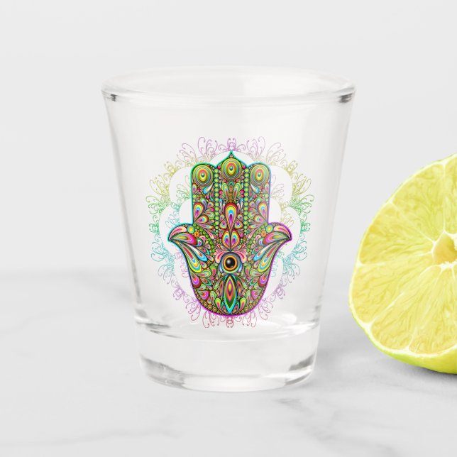 Hamsa Fatma Hand Psychedelic Art Shot Glass (Front)