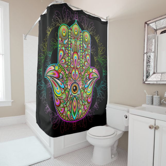 Hamsa Fatma Hand Psychedelic Art Shower Curtain (In Situ)