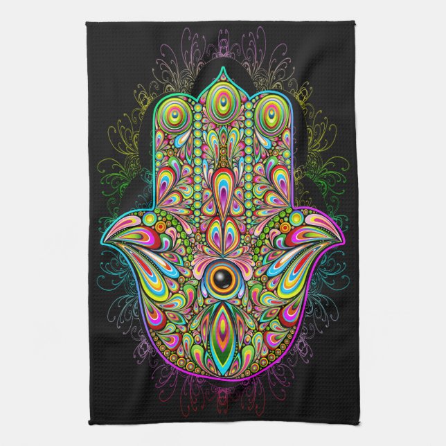 Hamsa Fatma Hand Psychedelic Art Tea Towel (Vertical)