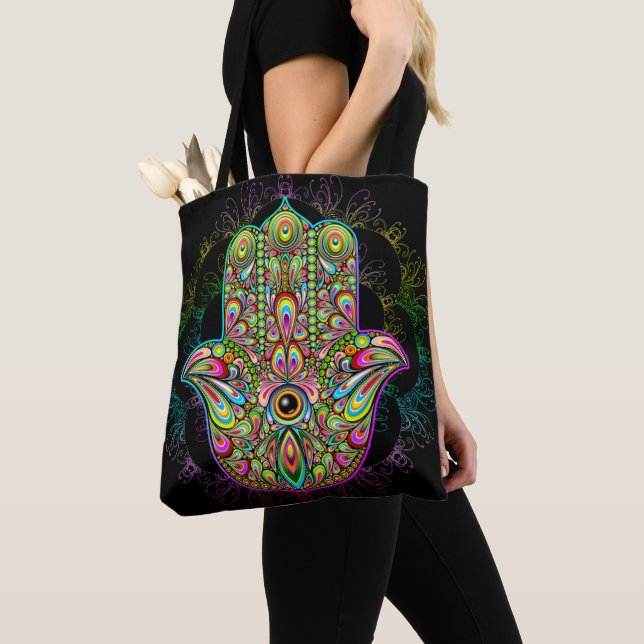 Hamsa Fatma Hand Psychedelic Art Tote Bag (Close Up)