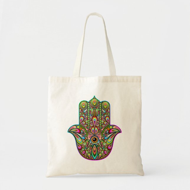 Hamsa Fatma Hand Psychedelic Art Tote Bag (Front)