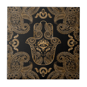 Hamsa Hand Black and gold Ornament Ceramic Tile