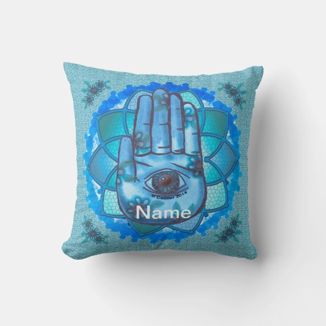Hamsa Hand Blue Lotus Cushion (Front)