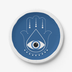 Hamsa Hand Greek Evil Eye Blue Paper Plate