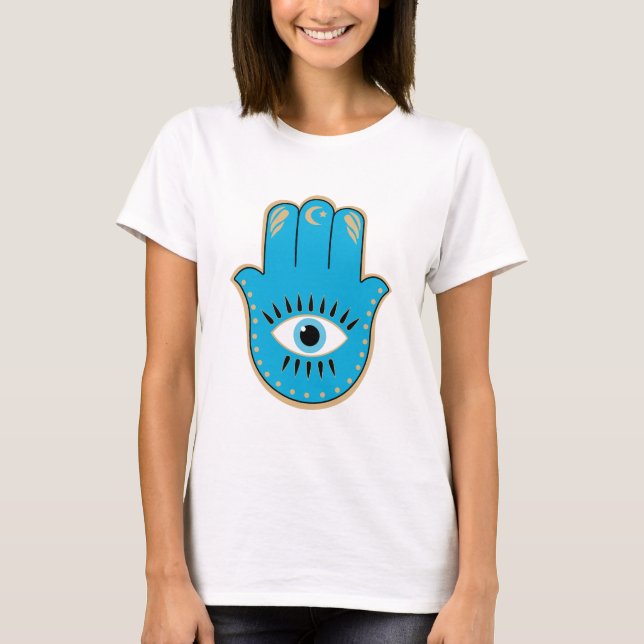 Hamsa Hand Greek Evil Eye Blue T-Shirt (Front)