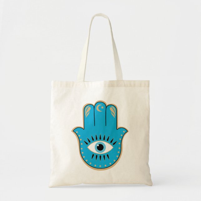 Hamsa Hand Greek Evil Eye Blue Tote Bag (Front)