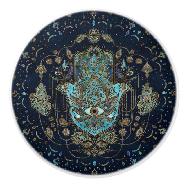 Hamsa Hand -Hand of Fatima Blue Gemstones Ceramic Knob (Front)