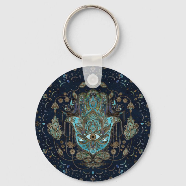 Hamsa Hand -Hand of Fatima Blue Gemstones Key Ring (Front)