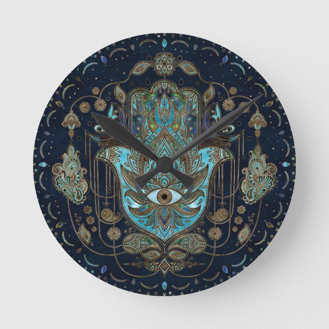 Hamsa Hand -Hand of Fatima Blue Gemstones Round Clock (Front)