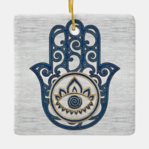 Hamsa Hand - Hand of Fatima blue wood Ceramic Ornament