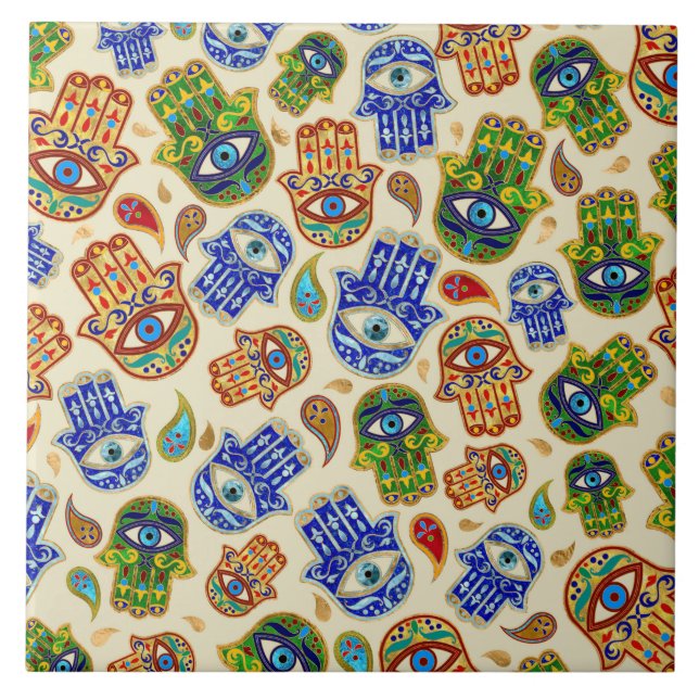 Hamsa Hand - Hand of Fatima colourful pattern Ceramic Tile (Front)