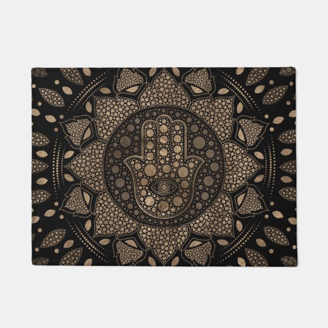 Hamsa Hand -Hand of Fatima in Lotus mandala Doormat (Front)