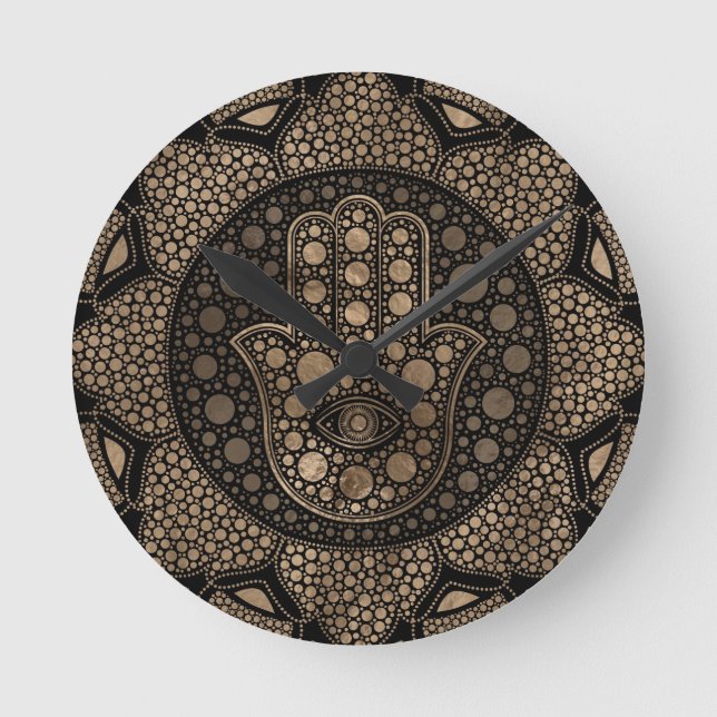 Hamsa Hand -Hand of Fatima in Lotus mandala Round Clock (Front)