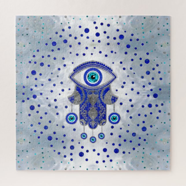 Hamsa Hand -Hand of Fatima Lapis Lazuli and Silver Jigsaw Puzzle (Vertical)