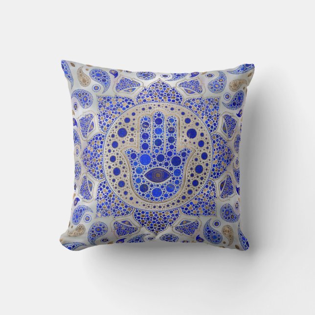 Hamsa Hand -Hand of Fatima on Mother of Pearl Cushion (Front)