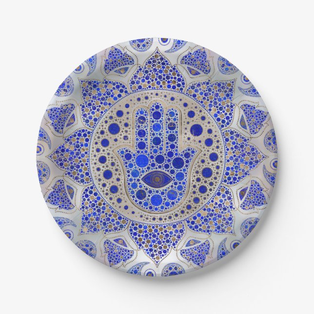 Hamsa Hand -Hand of Fatima on Mother of Pearl Paper Plate (Front)