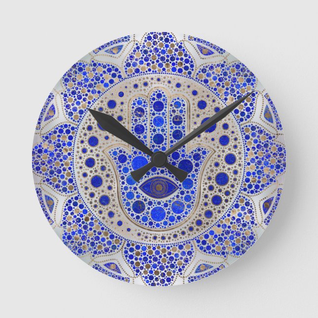 Hamsa Hand -Hand of Fatima on Mother of Pearl Round Clock (Front)