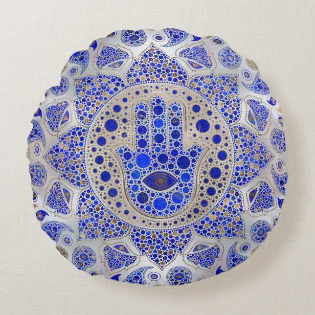 Hamsa Hand -Hand of Fatima on Mother of Pearl Round Cushion (Front)