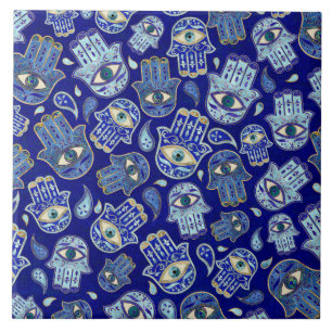 Hamsa Hand - Hand of Fatima pattern Blue Minerals Ceramic Tile