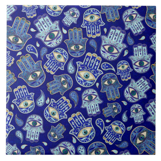 Hamsa Hand - Hand of Fatima pattern Blue Minerals Ceramic Tile (Front)