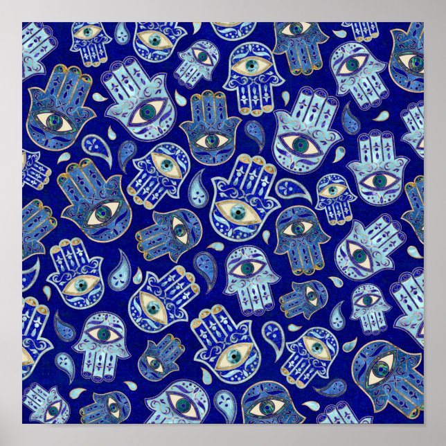 Hamsa Hand - Hand of Fatima pattern Blue Minerals Poster (Front)