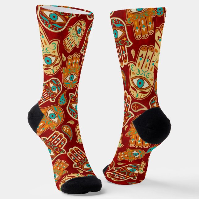 Hamsa Hand - Hand of Fatima Teal Red Socks (Angled)