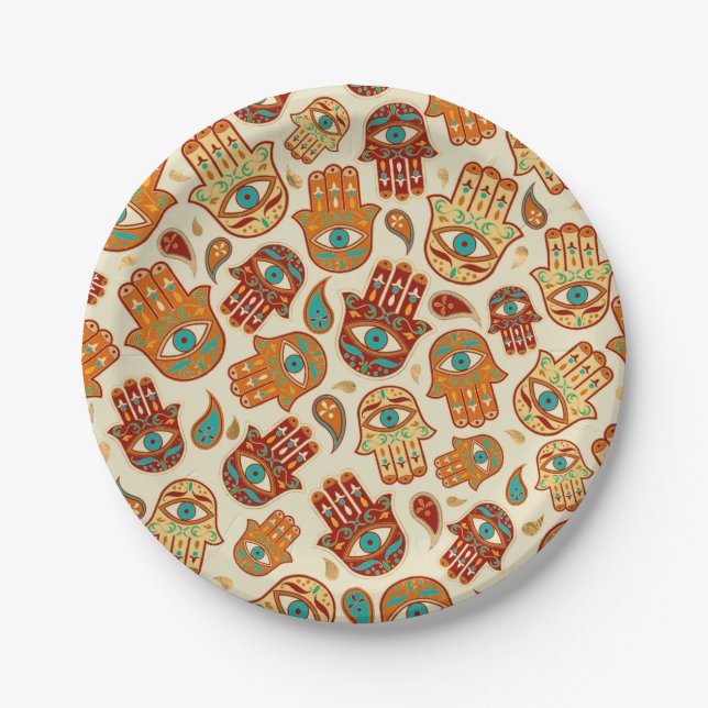 Hamsa Hand - Hand of Fatima Teal Terracotta Paper Plate (Front)