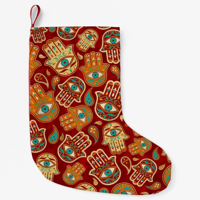 Hamsa Hand - Hand of Fatima Teal Terracotta Small Christmas Stocking (Front)