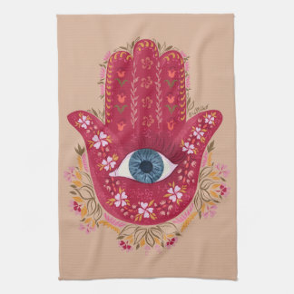 Hamsa Hand_Magenta_Cream  kitchen towel 