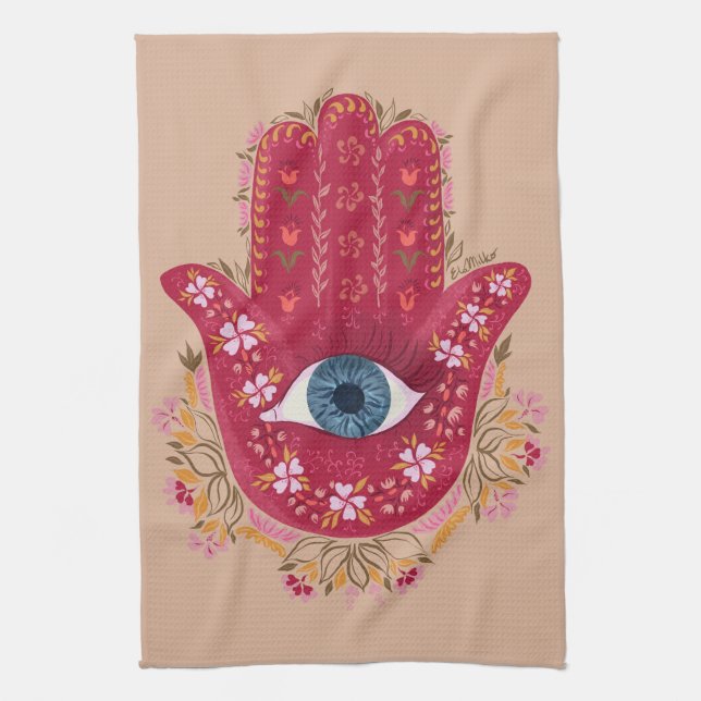 Hamsa Hand_Magenta_Cream  kitchen towel  (Vertical)