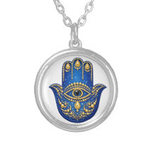 Hamsa Hand Necklace with Evil Eye, Blue Gold Prote