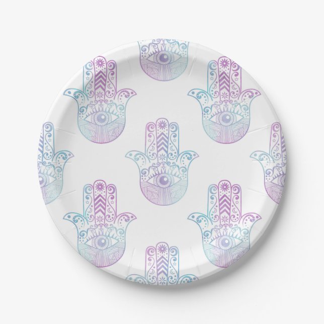 Hamsa Hand Pattern Purple and Blue Paper Plate (Front)