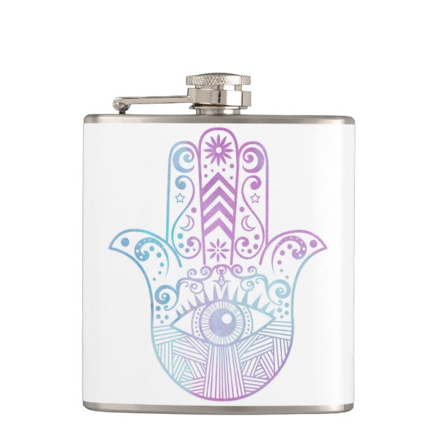 Hamsa Hand Purple and Blue Watercolor Hip Flask (Front)